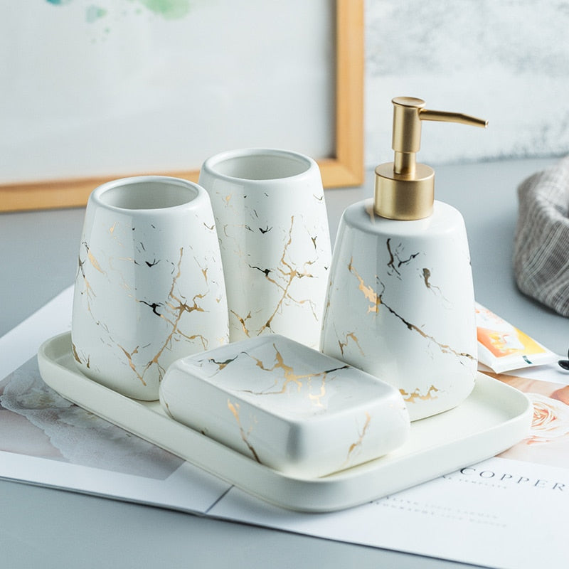 Ceramic Glossy Marble Bathroom Set - Delightful Decor