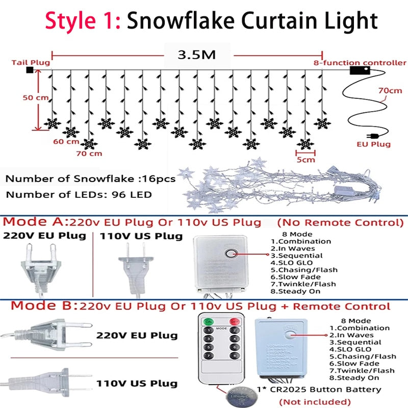 3.5M Christmas Snowflake Curtain Led Light - Delightful Decor